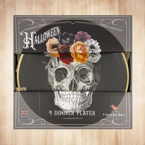 NIB Harvest Green Studio Set of 4 Halloween Skull and Flowers Plates